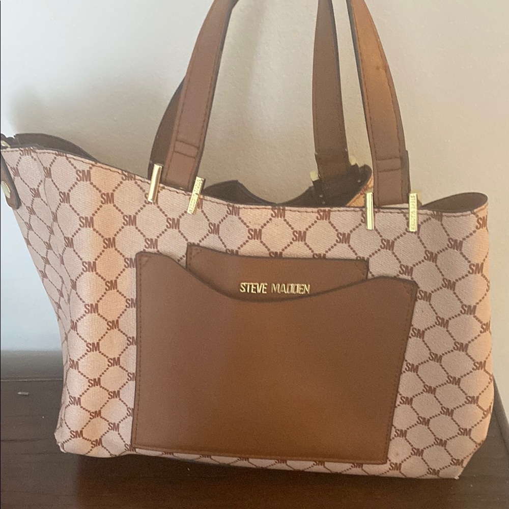 Used Steve Madden Brown and Cream Tote with Signature Pattern